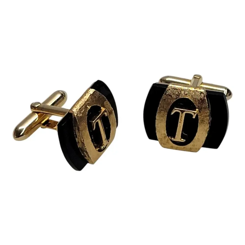 Vintage Swank Initial T Cufflinks Gold Tone Black Monogram Mid Century Mens